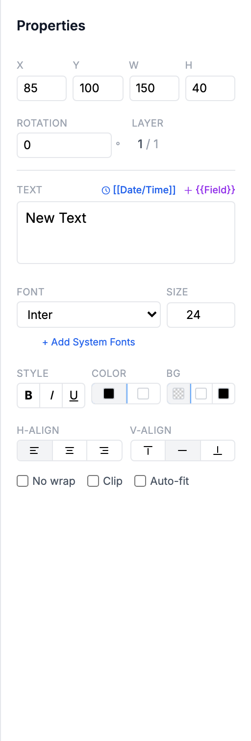 Text properties panel